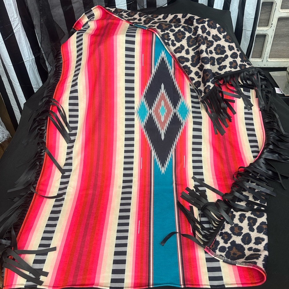 Colorful Fringe Blanket with Leopard Print - Large